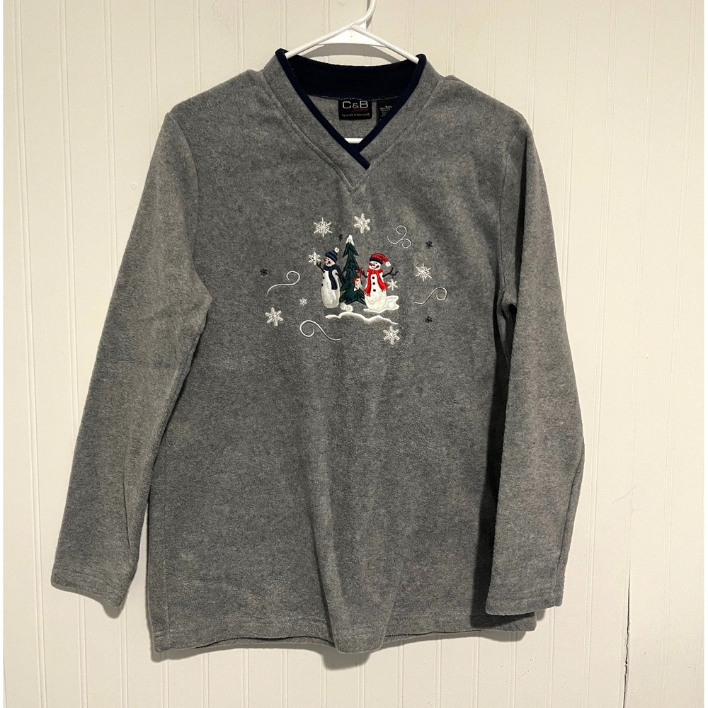 C&B Sport Fleece Pullover Women Small Gray Holiday Snowman Winter Embroidered